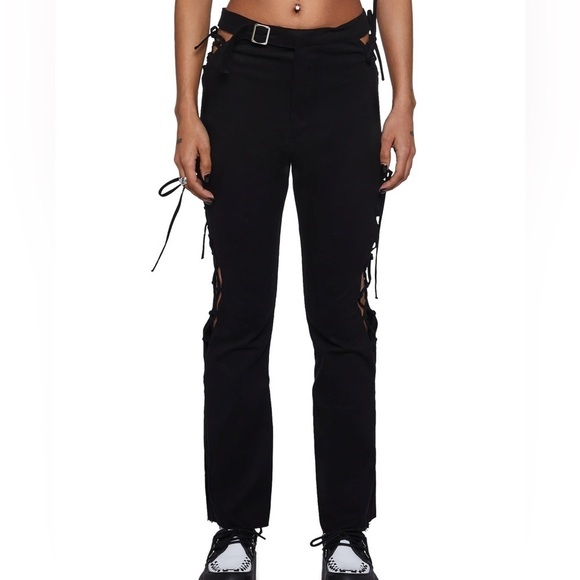 Stuck on Stupid Lace Up Pants Small Black Crop Flare Goth Emo Frayed Cut Out - Picture 1 of 11